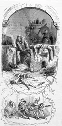 Gilles de Rais (Retz oder Rays) (1404-1440) in Situation: die Zauberer kauften für ihre magischen Operationen totgeborene Kinder (15. Jahrhundert) - Gravur, n.d.