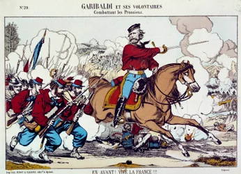 Giuseppe Garibaldi (1807-1882) kämpft mit seinen Freiwilligen gegen die Preußen. „Vorwärts, es lebe Frankreich“ um 1871