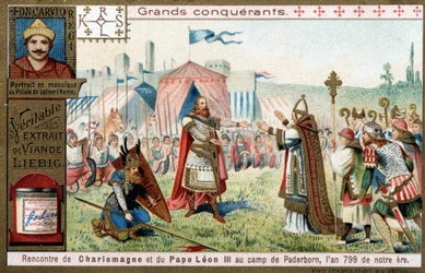 Große Eroberer: Porträt von Karl dem Großen (742 oder 747-814) und sein Treffen mit Papst Leo III. (750-816) im Lager von Paderborn (Deutschland), 799 - Liebig Chromolithographie