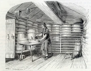 Gruyère-Käserei in einem Schweizer Chalet (Waschen der Rinde) - in „Die Wunder der Industrie“ von Louis Figuier