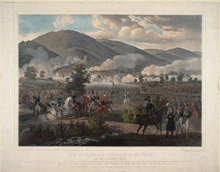 Napoleonische Kriege: Die Schlacht von Kulm (heutiges Chlumec) in Böhmen (Tschechische Republik) am 30.08.1813 - Russisches Leibgarde-Regiment in der Schlacht von Kulm am 29. August 1813 - Anonym - ca. 1813 - Farblithographie