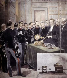 Guglielmo Marconi präsentierte den drahtlosen Telegraphen (TSF) auf einer Konferenz im Marineministerium 1897