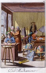Handwerk: der Mechaniker mit Präzisionsinstrumenten in seiner Werkstatt. In „Umfassende Beschreibung der Künste und Handwerke und Werkstätten für junge Leute“ von Johan Peter Vue. Hrsg. Nürnberg, Weigel und Schneider