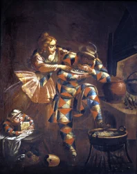 Harlekin Vielfraß. Er versucht immer, etwas zu essen zu fangen, Symbol des Elends vergangener Jahrhunderte. Malerei 18. Jahrhundert. Mailand