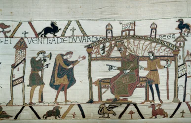 Harold, der nach England zurückkehrte, nach seiner Gesandtschaft beim Herzog Wilhelm dem Eroberer (1027-1087), erzählte seine Reise König Edward dem Bekenner (Detail)