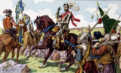 Heinrich IV. (1553 - 1610) in der Schlacht von Ivry (= Ivry die Schlacht in der Normandie) im Jahr 1590. Kinderbilder des 19. Jahrhunderts