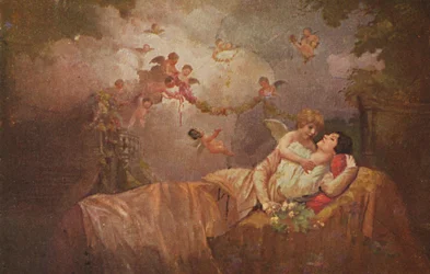 Historische Grußkarte mit Engeln, die einer Frau Glück bringen, kitschig-romantisch