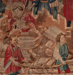 Geschichte des heiligen Piat und des heiligen Eleutherius, Szene 5, Detail. Mitte. Der Heilige, Maurer und das Taufbecken.