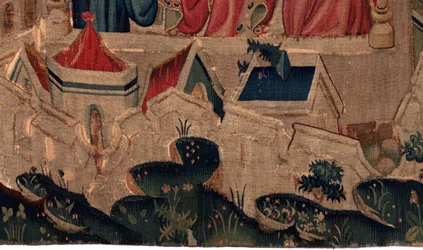 Geschichte von Saint Piat und Saint Eleuthère, Szene 9 Saint-Éleuthère wird als Bischof von Tournai bestätigt. Detail unten. Die Stadtbefestigungswände, Häuser.