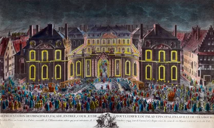 Illuminationen des bischöflichen Palastes der Stadt Straßburg während der Feierlichkeiten anlässlich des Aufenthalts von König Ludwig XV. (1710-1774) nach einer schweren Krankheit am 5.10.1744. Zeitgenössischer Druck