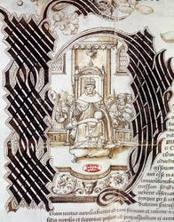 1522 unterzeichnete Karl V. mit König Heinrich VIII. von England (1491-1547) den Vertrag von Windsor, der eine Invasion Frankreichs vorsah. Miniatur aus einem Manuskript, das Heinrich VIII. darstellt. 1532 Paris, National Archives