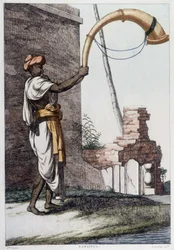 Indische Kultur, Zivilisation und Gesellschaft: Musiker mit traditionellem indischen Blasinstrument (Sournae). Gravur von 1808.