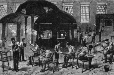 Innenansicht einer Glasfabrik, Gravur 19. Jahrhundert