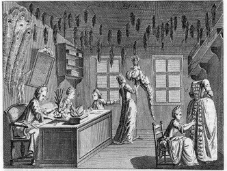 Innenansicht einer Federwerkstatt im 18. Jahrhundert. Gravur des 18. Jahrhunderts.