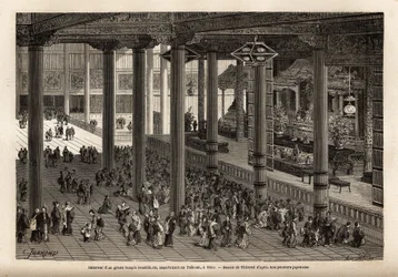 Innenansicht eines großen buddhistischen Tempels, der dem Taikoun (weltlicher Herrscher Japans) in Yedo (oder Edo, kaiserliche Hauptstadt, heutiges Tokio) gehört. Gravur zur Illustration der Reise nach Japan, 1863-1864, von Aimé Humbert, Minister der Schwe