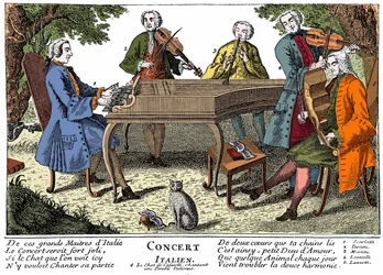 Italienisches Konzert (Barockmusik) mit 1. Scarlatti (Cembalo) - 2. Giuseppe Tartini (Violine) - 3. Padre Martini (Giovanni Battista) (Flöte) - 4. Locatelli (Violine) - 5. Lanzetti (Viola) - 6. Singende Katze. Gravur des 18. Jahrhunderts