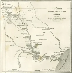 Reiseroute entlang des Hai He Flusses nahe Tien Tsin (Tien-Tsin, Tianjin) nach Peking (Beijing), China. Karte, in „Le Tour du Monde, Nouveau journal des Voyages“, herausgegeben von Edouard Charton, Paris