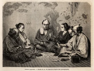 Japanische Spieler mitten im Kartenspiel. Gravur zur Illustration Japans, Reisebericht von Aimé Humbert, Minister der Schweizerischen Eidgenossenschaft, 1863-1864, veröffentlicht in „Le tour du monde, nouveau journal des voyages“, unter der Leitung von Edo