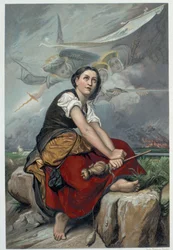 Jeanne hört ihre himmlischen Stimmen: der Erzengel Michael, die Heilige Katharina und die Heilige Margarete befahlen ihr, nach Frankreich zu gehen, um dem König zu helfen, und versicherten ihr, dass Gott ihr helfen werde - in „Jeanne d