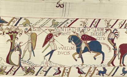 Der Bote von König Harold überbringt ihm Nachrichten von der Armee von Herzog Wilhelm, Teppich von Bayeux