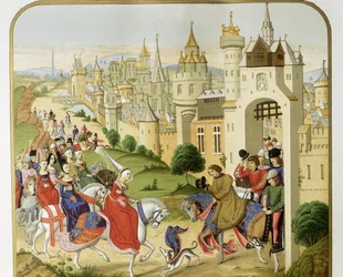 „König von Frankreich Karl IV. empfängt den Besuch seiner Schwester, der Königin von England Isabella von Frankreich (1292-1358), Ehefrau von Eduard II., die Zuflucht suchte“ Nach den Chroniken von Jean Froissart. 19. Jahrhundert Barcelona. Sant Jordi Cata