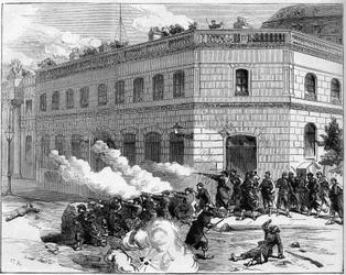 Die Pariser Kommune 1871. Verteidigung des Elysee-Palastes durch die Föderierten (Kommunarden).