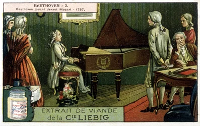 Liebig Chromolithographie. Ludwig van Beethoven spielt vor Wolfgang Amadeus Mozart. Hier im Jahr 1787.