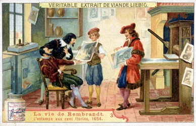 Liebig-Chromolithografie über das Leben von Rembrandt (1606 - 1669), niederländischer Maler. Dies ist der Hundert-Gulden-Druck von 1654