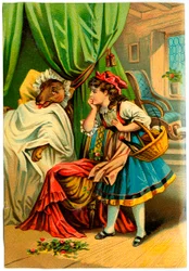 Rotkäppchen entdeckt den Wolf im Bett ihrer Großmutter (Chromolithographie Ende des 19. Jahrhunderts)