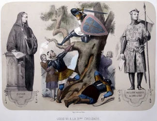 Ludwig VII. kämpft gegen die Sarazenen während des 2. Kreuzzugs - Lithografie, späte 19. Jahrhundert