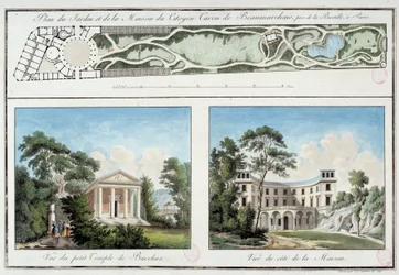 Karte des Gartens und Hauses des französischen Schriftstellers und Dramatikers Pierre Augustin Caron de Beaumarchais (1732-1799) am heutigen Boulevard Beaumarchais in Paris. Gravur um 1795. Paris, Musée Carnavalet