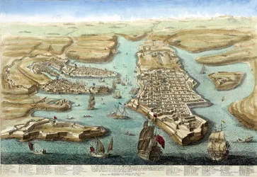 Karte des Hafens von Malta, seiner Befestigungen und des Schlosses. Gravur aus dem 18. Jahrhundert.