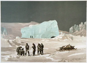 Männer und Schlitten auf dem Eis - in „Die Küsten des Polarmeers, eine Arktisexpeditionserzählung“ von Dr. Edward Moos, Marcus Nard & Co, London