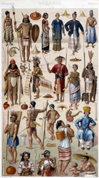 Männer und Frauen, die die verschiedenen Völker Ozeaniens repräsentieren. Gravur des 19. Jahrhunderts.