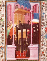 Miniatur-Begräbnisszene aus „Die Stunden von Eduard I. (Duarte) von Portugal (1391-1438)“ 15. Jahrhundert Lissabon, Torre do Tombo