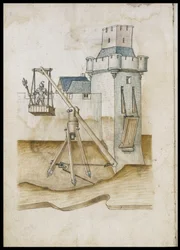 Grabenübergangssystem durch Hebel - Manuskript: Pergamentblatt eines Ingenieurhandbuchs für den Bau ziviler, religiöser und militärischer Gebäude, anonym, spätes 15. Jahrhundert (Figur in chinesischer Tinte)