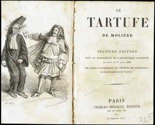 Molière erschreckt einen Geistlichen mit einer Theatermaske - Frontispiz des „Tartuffe“ von Molière, ed. Hingray, Paris