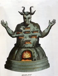 Moloch. Antike karthagische Gottheit. Wir opferten ihm die Kinder, indem wir sie in die Flammen warfen. Stich aus dem 19. Jahrhundert.