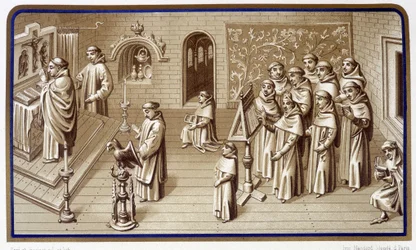 Mönche in einer Kapelle des Klosters: Gebet und Chor. Grisaille der Wunder Unserer Lieben Frau. Chromolithographie. 19. Jahrhundert