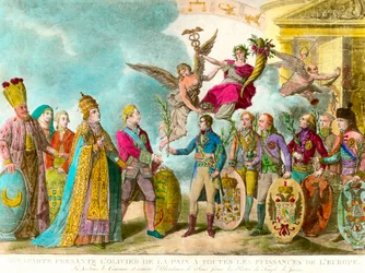 Napoleon Bonaparte (1769-1821) präsentiert den Olivenbaum des Friedens an alle Mächte Europas