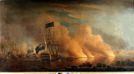 Nachtangriff der französischen Brulots gegen die englische Flotte im Hafen von Quebec: von den Engländern am 28.06.1759 erobert. Gemälde.