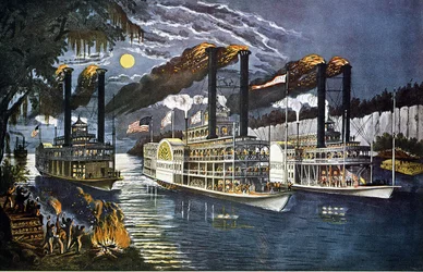 Nachtrennen der 2 Boote bei Morgengrauen auf dem Mississippi