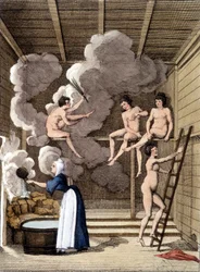 Nackte Figuren in einer finnischen Sauna. Gravur von 1811, beinhaltet ein Buch über die Reise.