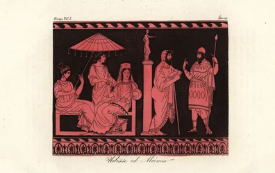 Odysseus wird von Alkinoos, Herrscher der Phaiaken auf der Insel Scheria, bewirtet