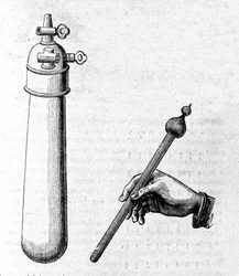 Links ein Behälter, der für das erste Experiment des Wasserhammers verwendet wird (rechts dargestellt), um zu demonstrieren, dass Flüssigkeiten im Vakuum wie eine feste Masse fallen. Gravur