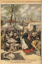 Anlässlich der Krönung von Zar Nikolaus II. wird 500.000 Russen auf dem Chodynka-Manöverfeld in Moskau ein Volksbankett angeboten, dem Theateraufführungen vorausgehen. Stich in „Le Petit Journal“, 17/05/1896. Sammlung Selva.
