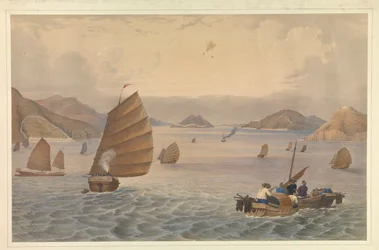 Operationen im Kantonfluss. Forts und Batterien des Bocca Tigris oder Erster Pass des Kantonflusses; H.M. Dampfschiff, Geier Kapitän Macdougall passiert die Batterien, mit dem 18. Royal Irish an Bord