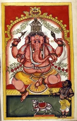 Seite mit der Darstellung der hinduistischen Gottheit Ganesha. Seite aus dem Manuskript „Geschichte von Mogol“ von Stefano Nivibus Cardeira. 18. Jahrhundert. Biblioteca Marciana, Venedig