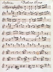 Seite der Partitur für die erste Violine der Sinfonie Nr. 4 in D, von Mozart (1765)