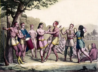 Partyszene unter den Irokesen-Indianern. 17. Jahrhundert Gravur.